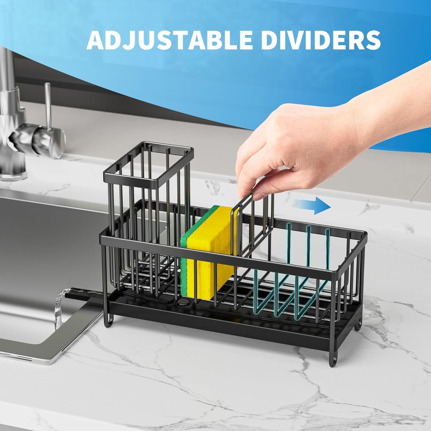 Black Sponge Holder for Kitchen Sink ā Rustproof 304 Stainless Steel Caddy, Soap & Brush Organizer for Countertop