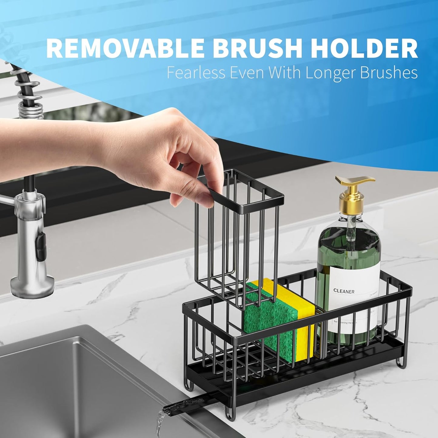 Black Sponge Holder for Kitchen Sink ā Rustproof 304 Stainless Steel Caddy, Soap & Brush Organizer for Countertop