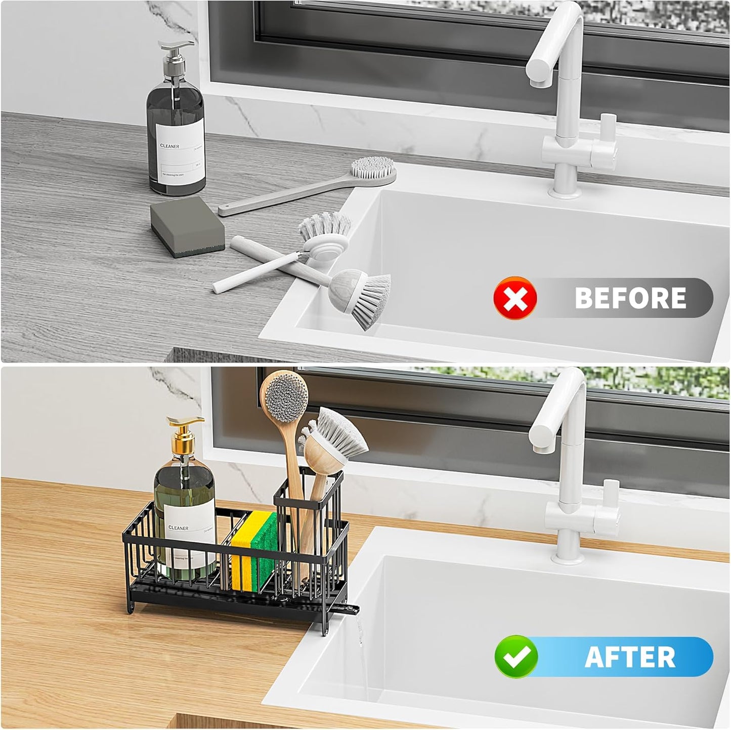 Black Sponge Holder for Kitchen Sink ā Rustproof 304 Stainless Steel Caddy, Soap & Brush Organizer for Countertop