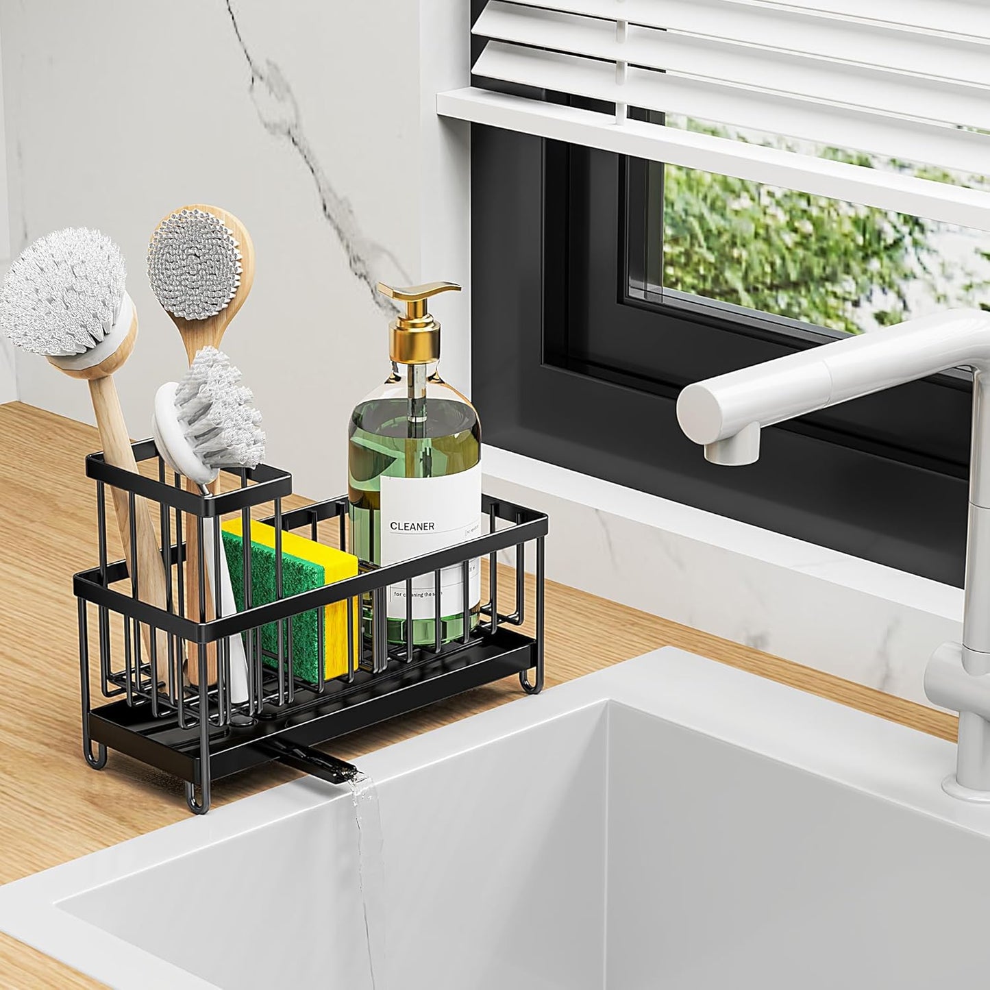 Black Sponge Holder for Kitchen Sink ā Rustproof 304 Stainless Steel Caddy, Soap & Brush Organizer for Countertop