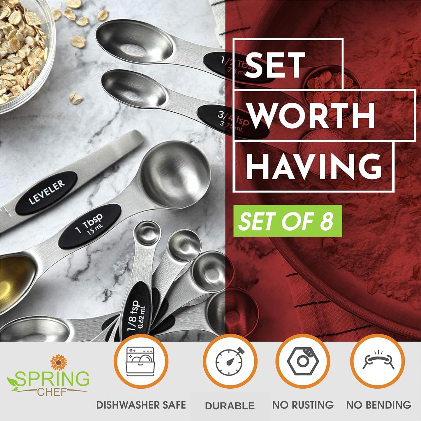 Magnetic Stainless Steel Measuring Spoons Set β 8 Heavy Duty Kitchen Gadgets with Leveler, Perfect for Baking & Cooking, Black