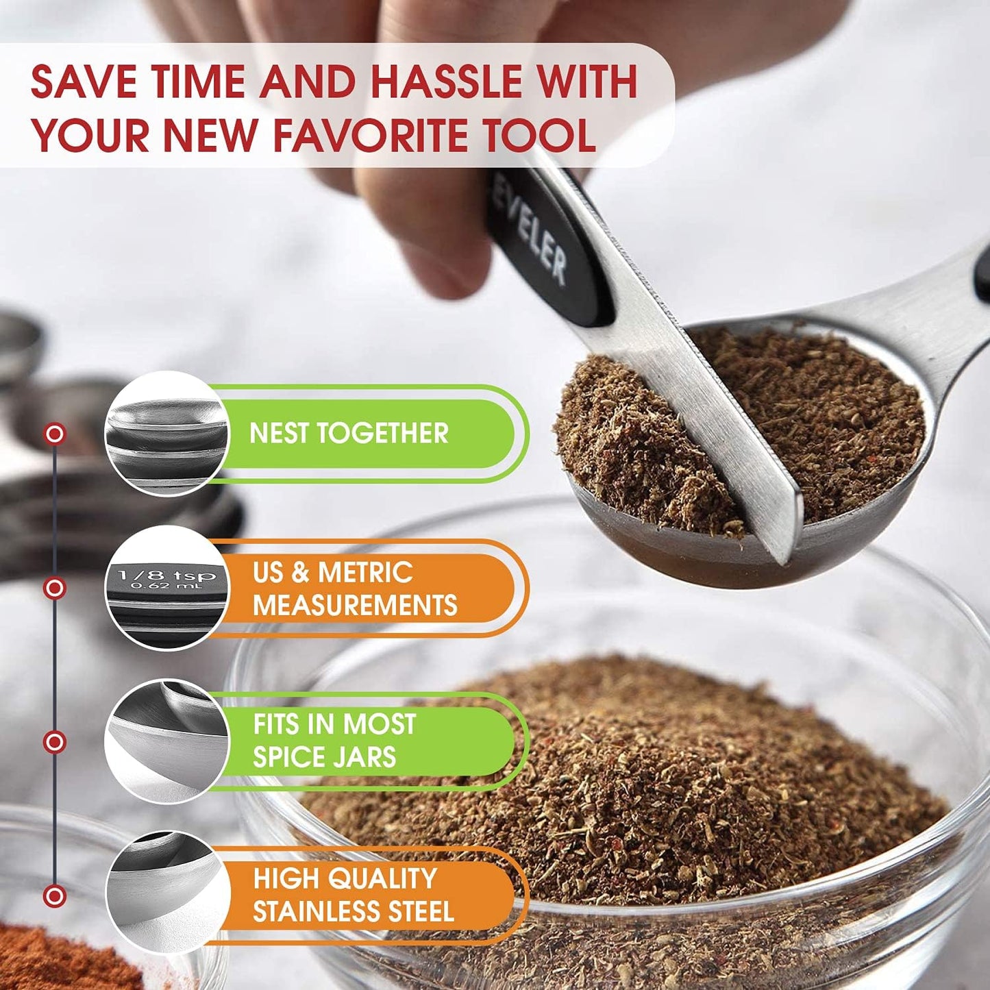 Magnetic Stainless Steel Measuring Spoons Set β 8 Heavy Duty Kitchen Gadgets with Leveler, Perfect for Baking & Cooking, Black