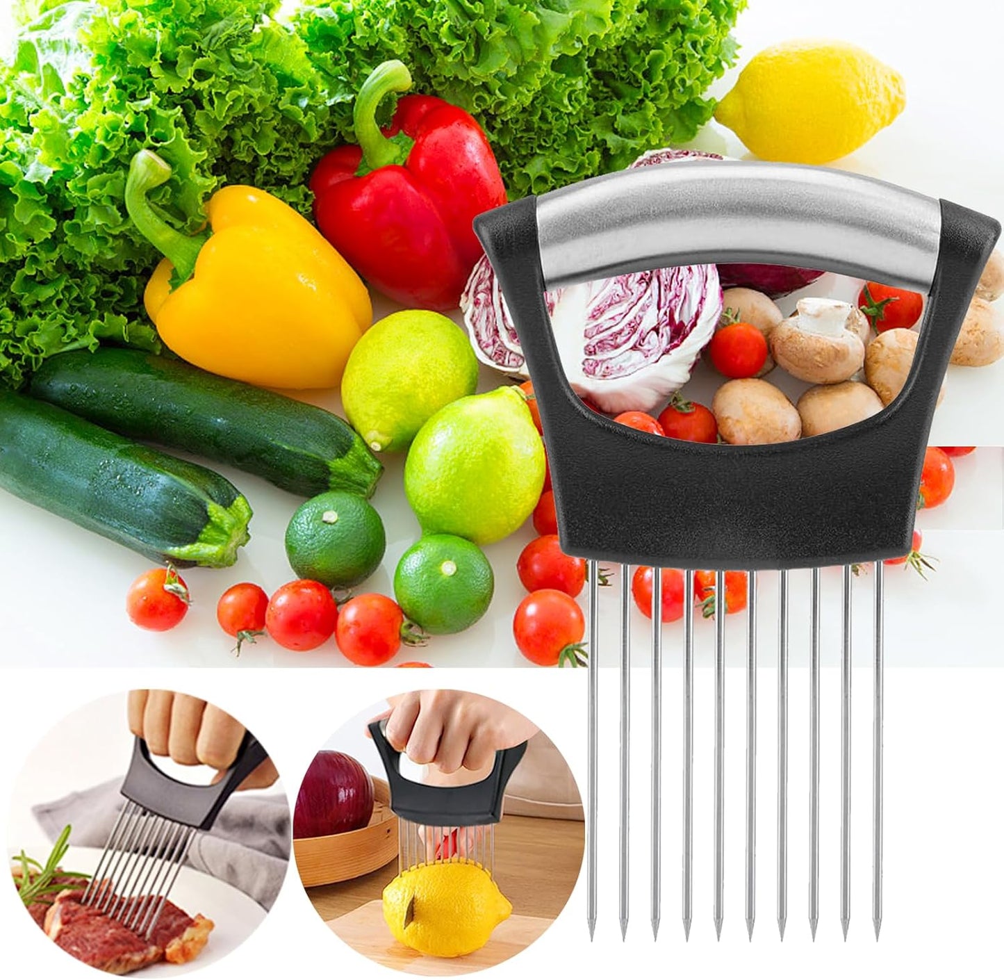 Onion Holder for Slicing โ Stainless Steel Vegetable & Tomato Cutter, Chopper for Potatoes, Avocados, Eggs & More
