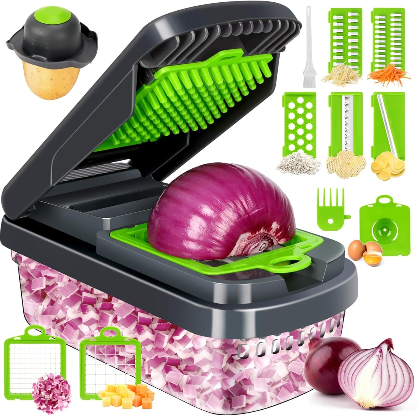12-in-1 Vegetable Chopper with 7 Blades & Container – Multifunctional Food Cutter for Salad, Onion, Potato & Garlic