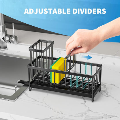 Black Sponge Holder for Kitchen Sink – Rustproof 304 Stainless Steel Caddy, Soap & Brush Organizer for Countertop