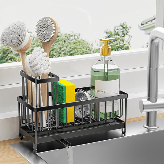 Black Sponge Holder for Kitchen Sink – Rustproof 304 Stainless Steel Caddy, Soap & Brush Organizer for Countertop