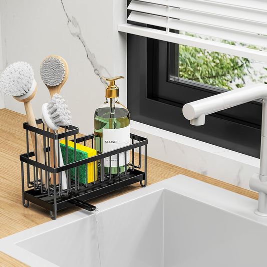 Black Sponge Holder for Kitchen Sink – Rustproof 304 Stainless Steel Caddy, Soap & Brush Organizer for Countertop