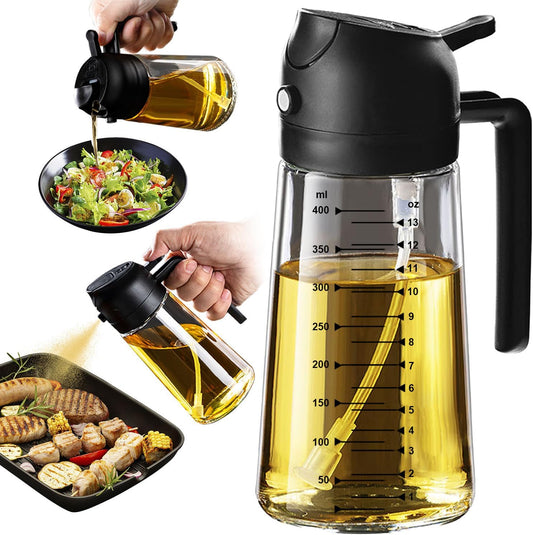 Glass Olive Oil Sprayer 16oz – 2-in-1 Dispenser Bottle for Cooking, Air Fryer, Salad & BBQ (Black)