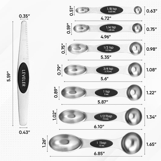 Magnetic Stainless Steel Measuring Spoons Set – 8 Heavy Duty Kitchen Gadgets with Leveler, Perfect for Baking & Cooking, Black