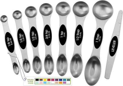 Magnetic Stainless Steel Measuring Spoons Set – 8 Heavy Duty Kitchen Gadgets with Leveler, Perfect for Baking & Cooking, Black
