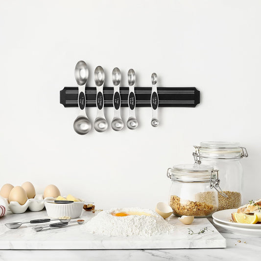 Magnetic Stainless Steel Measuring Spoons Set – 8 Heavy Duty Kitchen Gadgets with Leveler, Perfect for Baking & Cooking, Black